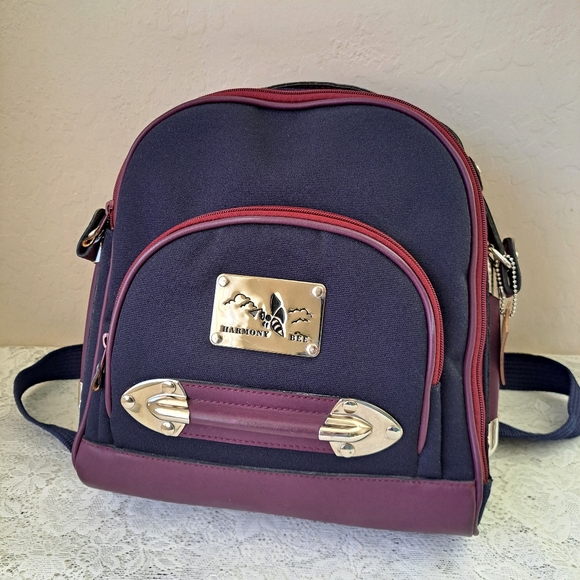 Small Canvas & Leather Backpack Navy and Plum with Silver Hardware Bee Accent - Picture 4 of 14